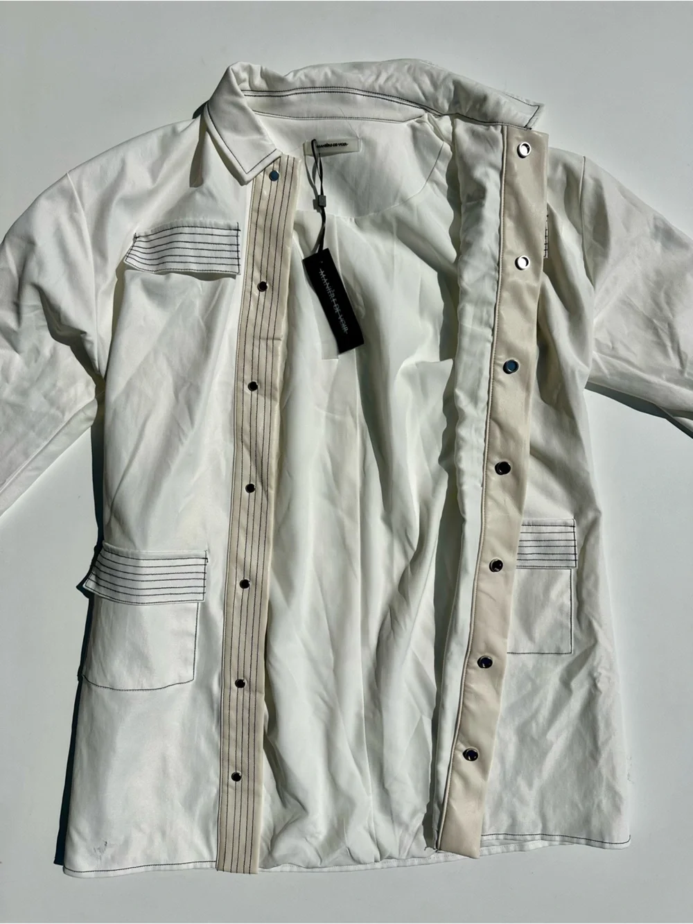 NWT Maniere De Voir White Long Coated Field Jacket Faux Leather Black Stitching